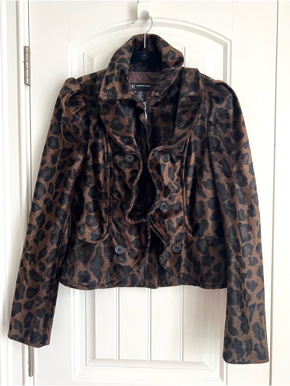 INC International Concepts Leopard Ruffle Front Faux Fur Jacket Size S